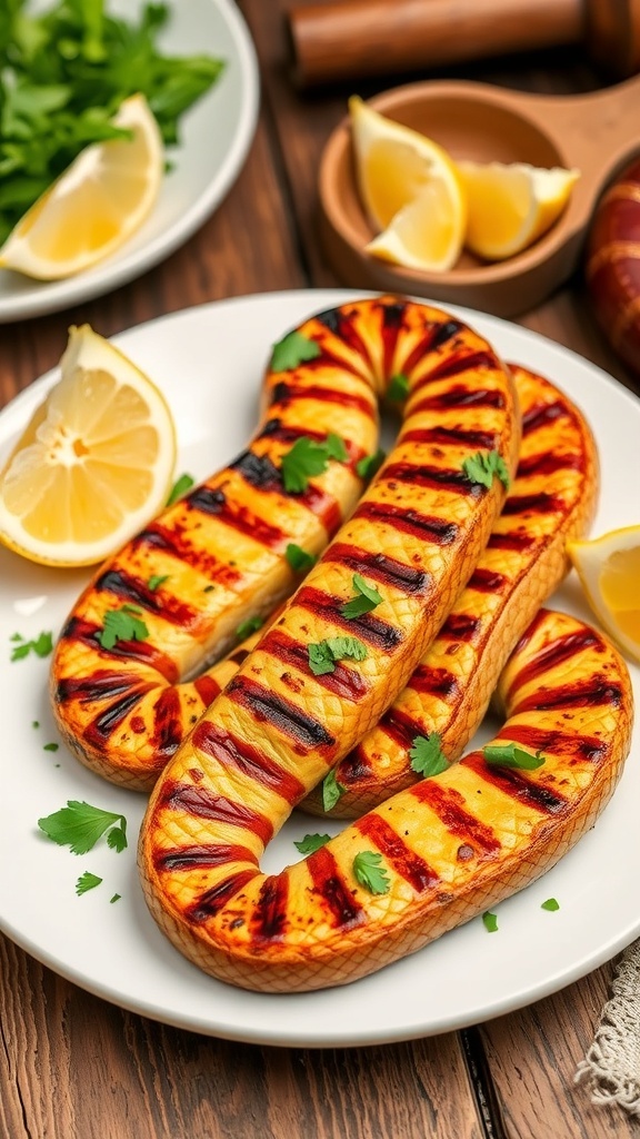 Grilled egg-eating snake served with herbs and lemon on a rustic table.